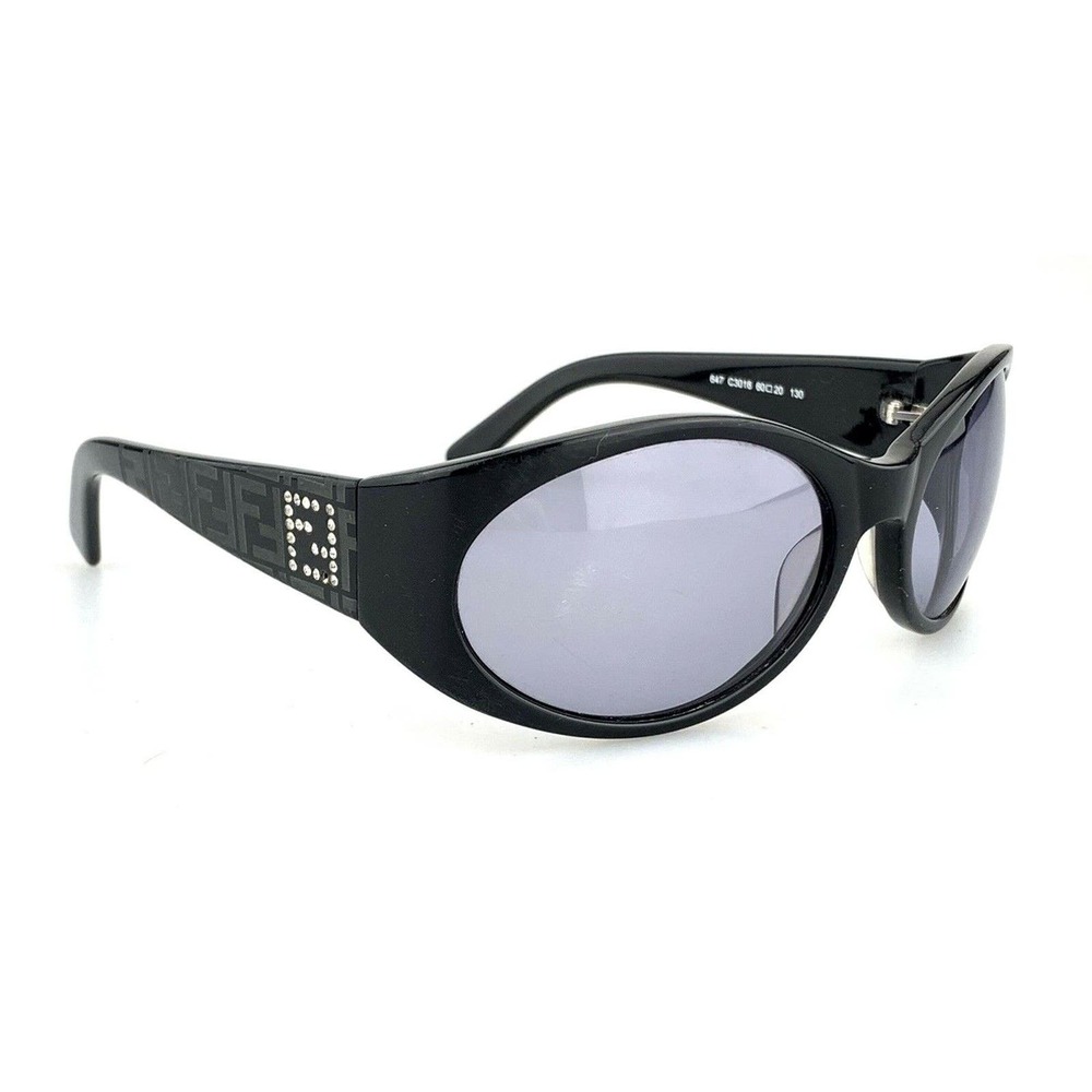 FENDI Sunglasses mod. 647 C3016 Black Oval Wrap Rhinestone Vintage Made in Italy